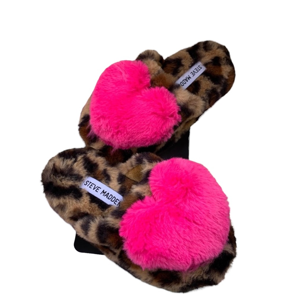 NEW Steve Madden Girls Slippers Faux Fur Leopard & Pink Heart Youth XS